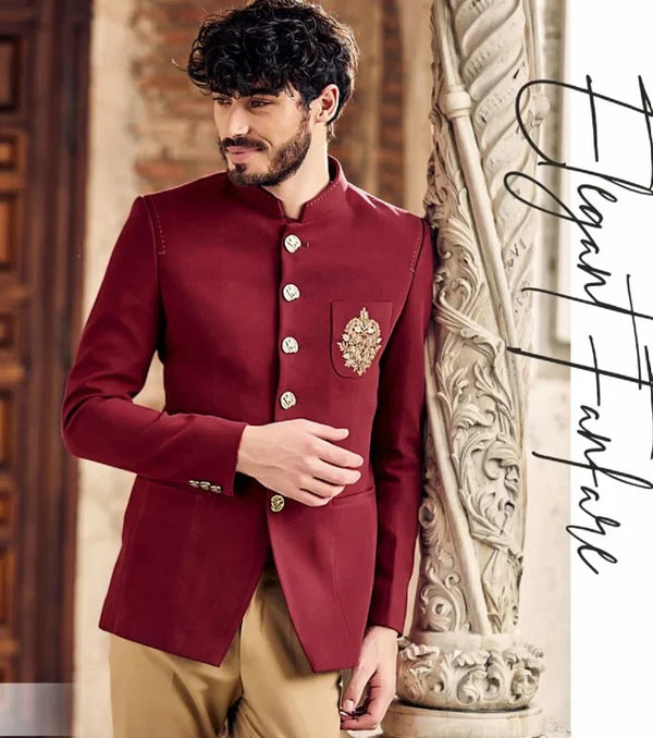 Maroon Suede Polyester Jodhpuri Suit Royal Rajwadi Style
