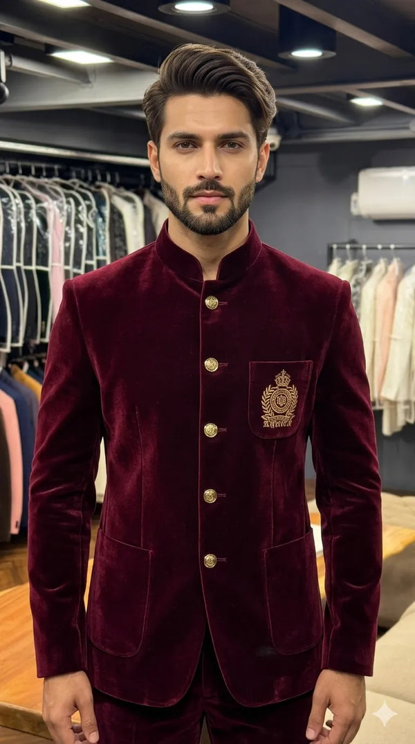 Luxury maroon velvet jodhpuri suit for wedding wear