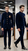 Mens Designer Wedding Attire: Navy Blue Velvet Jodhpuri Suit