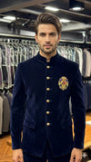 Mens Designer Wedding Attire: Navy Blue Velvet Jodhpuri Suit