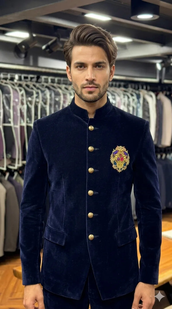 Mens Designer Wedding Attire: Navy Blue Velvet Jodhpuri Suit