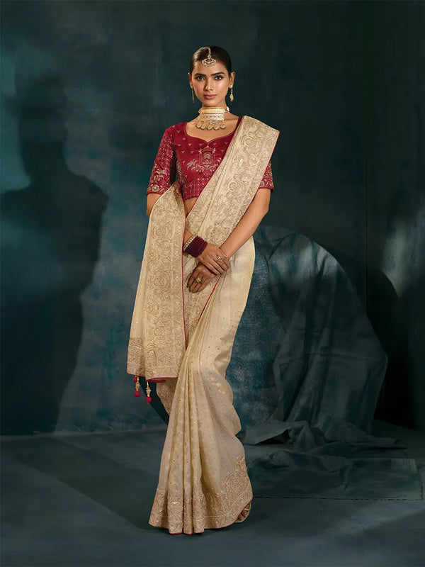 Maroon Contrast Blouse with Cream Pure Ziraf Silk Traditional Saree