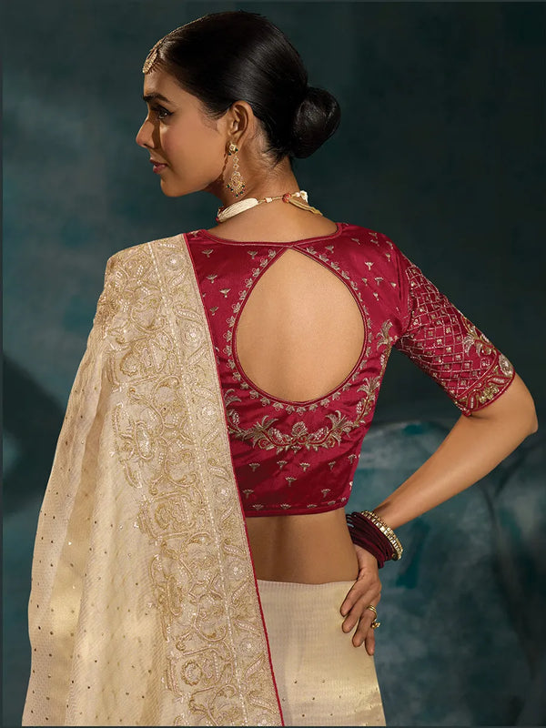 Maroon Contrast Blouse with Cream Pure Ziraf Silk Traditional Saree
