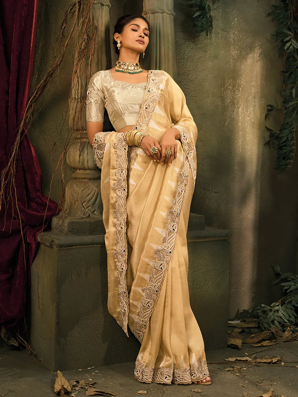 Chiku Pure Ziraf Silk Saree with Mirror Work and Jari Cutdana Moti