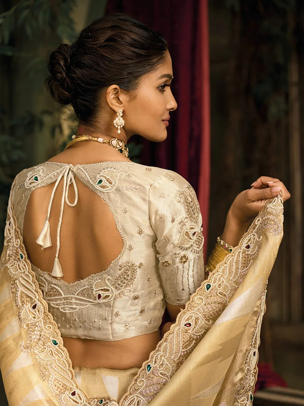 Chiku Pure Ziraf Silk Saree with Mirror Work and Jari Cutdana Moti
