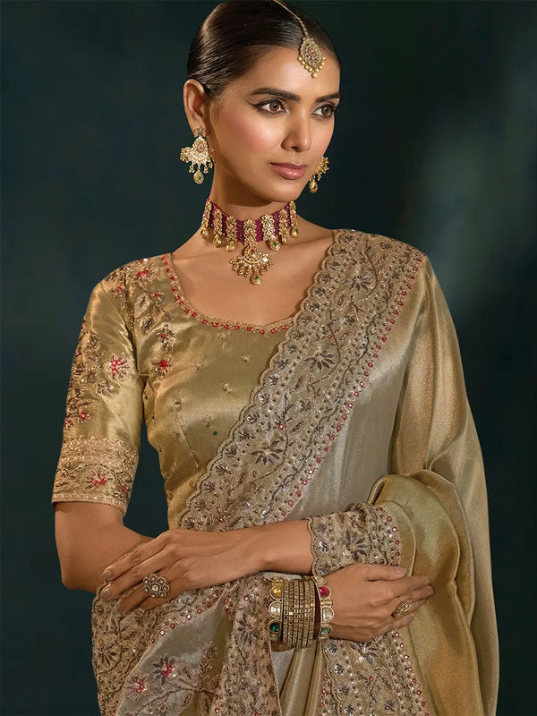 Grey Ziraf Silk Saree with Mirror Zardosi Work for Reception in Dubai