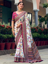 White Pink Premium HO Designer Saree featuring vibrant floral motif borders for wedding & festive wear | BharatPlaza