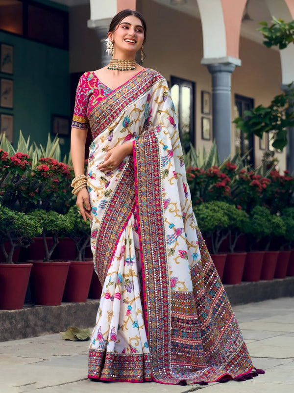 White Pink Premium HO Designer Saree featuring vibrant floral motif borders for wedding & festive wear | BharatPlaza