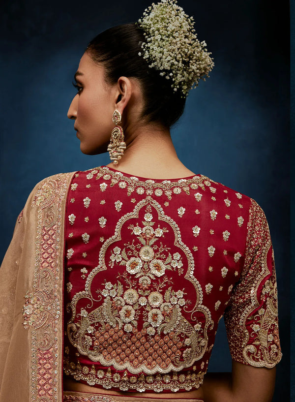Beige Fancy Fabric Designer Saree displaying stunning back maroon blouse embroidery for luxury events | BharatPlaza