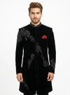 Black Flock Velvet luxury Indo Western with premium cutdana hand embroidery for HNI wedding celebrations by BharatPlaza