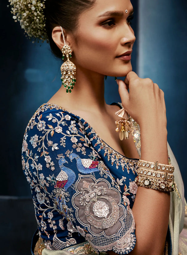 Silver Grey Fancy Fabric Designer Saree displaying stunning back peacock embroidery for luxury bridesmaid wear | BharatPlaza