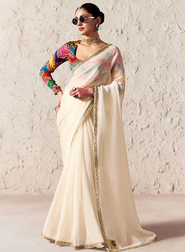 Cream Tissue Organza Printed Embroidered Saree for Wedding Guest in Singapore