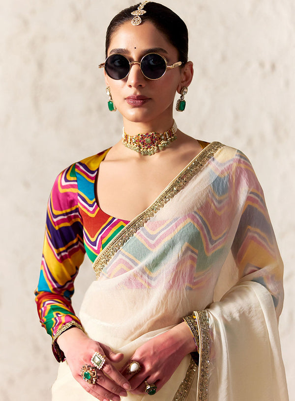 Elegant Cream Designer Tissue Organza Saree with Digital Print in New Zealand