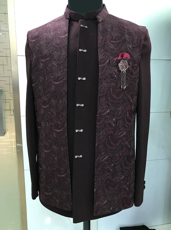 A modern deep wine open-jacket Jodhpuri with tonal embroidery and matching slim-fit trousers