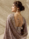 Dusty mauve velvet satin saree with pearl, sequin and zari work for a luxury wedding reception in New York