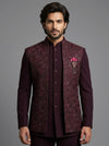 Deep wine embroidered Jacket Jodhpuri Suit for wedding fathers, brothers and NRI groomsmen