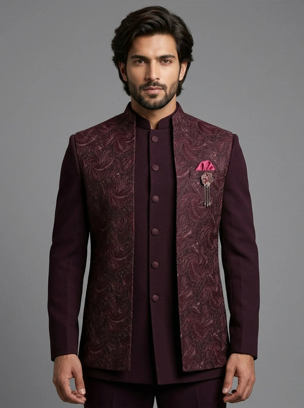 Deep wine embroidered Jacket Jodhpuri Suit for wedding fathers, brothers and NRI groomsmen