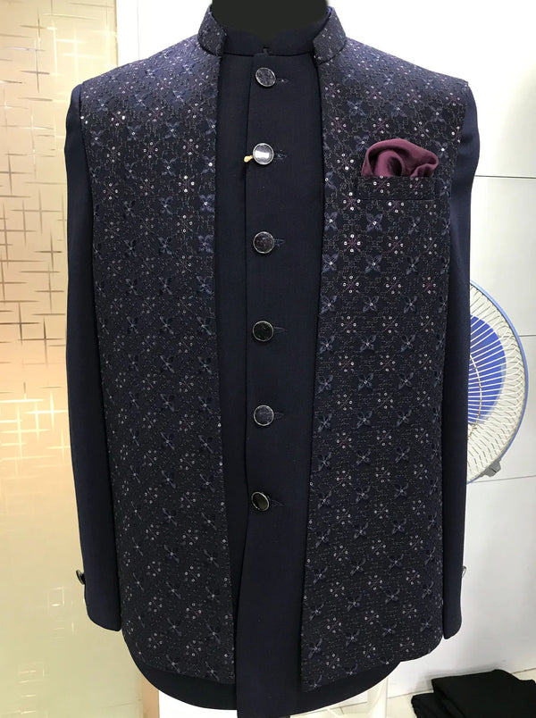 Navy Blue Embroidered Jacket Jodhpuri Suit for Groom