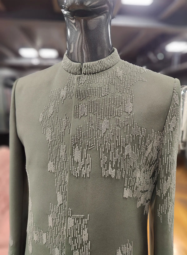 Premium Sage Green Suede Indo Western for Reception in New York, USA | BharatPlaza