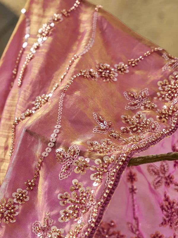 Fuchsia Pink Gold-Tone Velvet Satin Wedding Saree