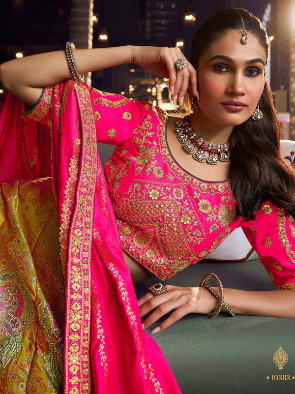 Fuchsia Pink & Mustard Banarasi Silk Royal Lehenga Choli