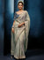 Silver Grey Fancy Fabric Designer Saree showcasing an elegant peacock motif blouse for luxury wedding wear | BharatPlaza