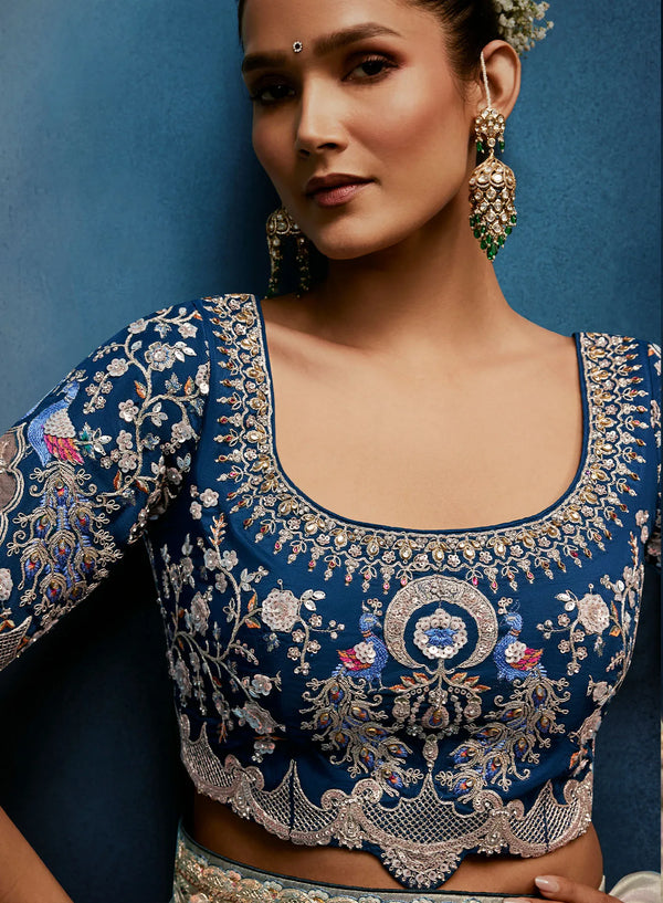 Silver Grey Fancy Fabric Designer Saree featuring a heavy blue stitched blouse sleeve detail for festive wear | BharatPlaza