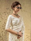 Ivory Velvet Satin Pearl Zari Work Designer Saree