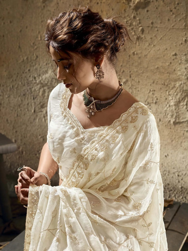 Ivory Velvet Satin Pearl Zari Work Designer Saree