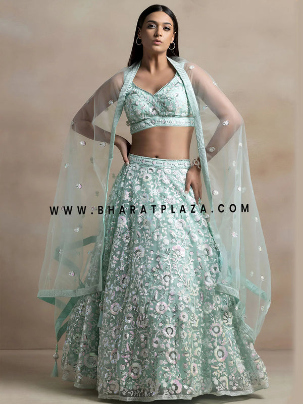 Light Blue Rainbow Sequins Bridesmaid Lehenga for Indian Weddings London UK