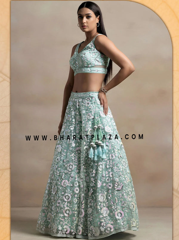 Light Blue Soft Net Rainbow Sequins Lehenga for Indian Weddings Syndey Australia