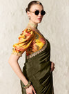 Olive Green Tissue Organza Embroidered Saree