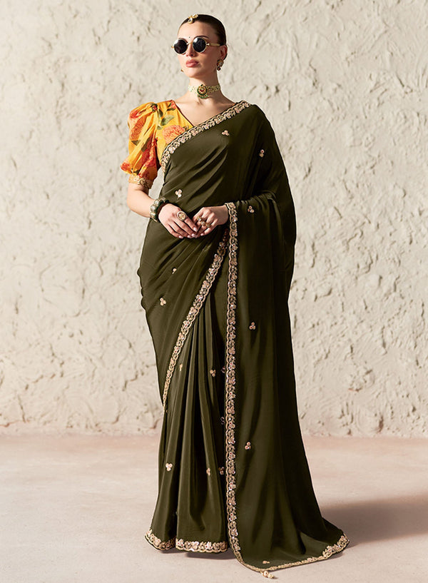Olive Green Tissue Organza Embroidered Saree
