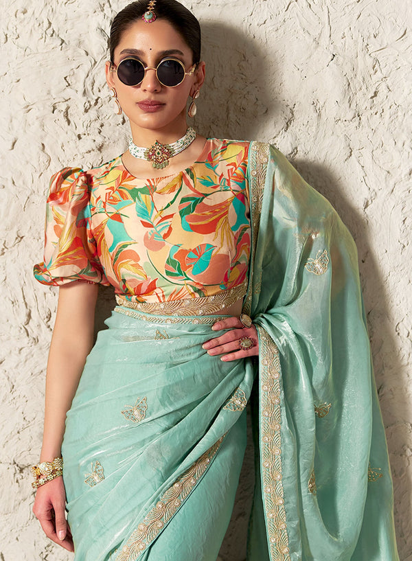 Mint Blue Party Wear Saree with Floral Printed Blouse in Fiji