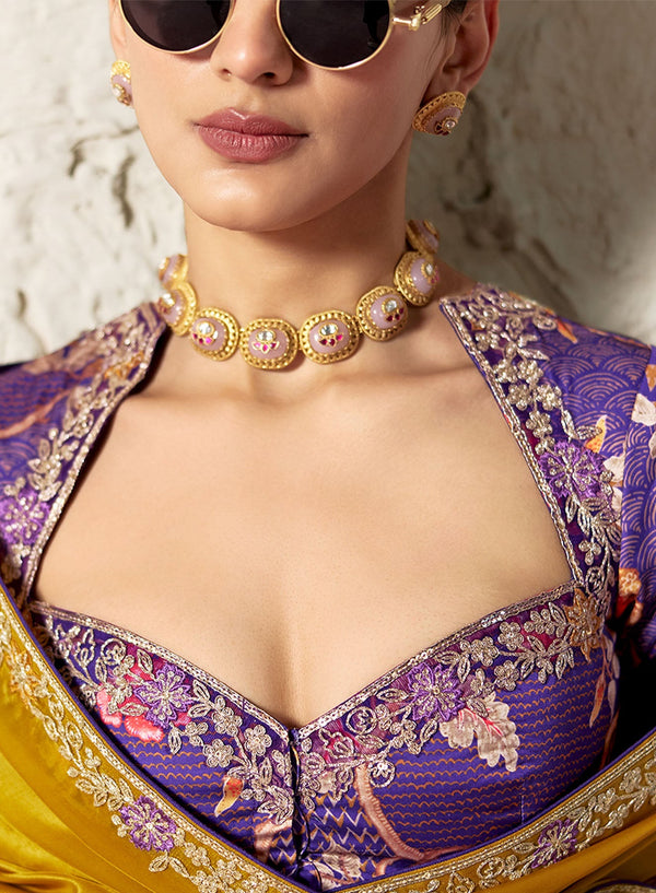 Mustard Yellow Tissue Organza Saree With Designer Blouse in Singapore