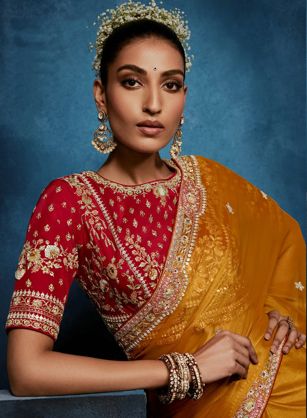 Mustard Fancy Fabric Designer Saree highlighting exquisite back blouse embroidery for luxury weddings | BharatPlaza