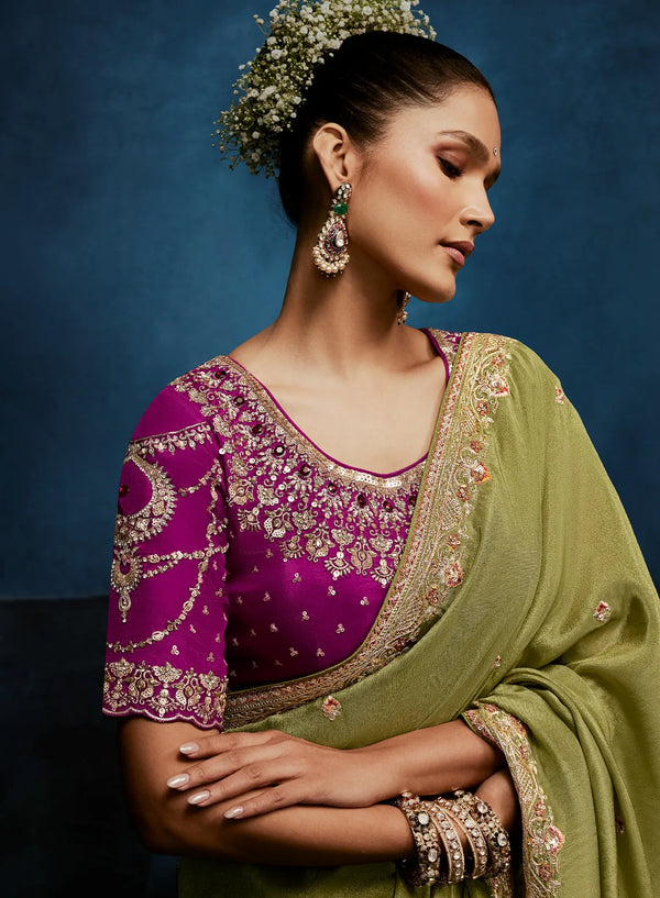 Olive Green Fancy Fabric Designer Saree featuring a heavy magenta stitched back blouse embroidery for wedding | BharatPlaza