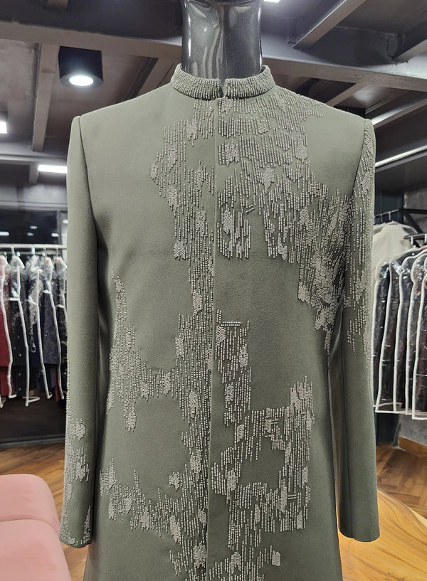 Embroidered Heritage Sage Green Indo Western for Engagement in Paris, France | BharatPlaza