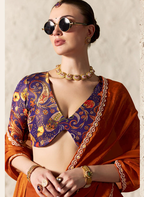 Designer Rust Orange Organza Saree with Printed Blouse in Wellington