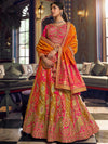 Full view of pink and mustard Banarasi silk lehenga for brides and destination weddings in Dubai