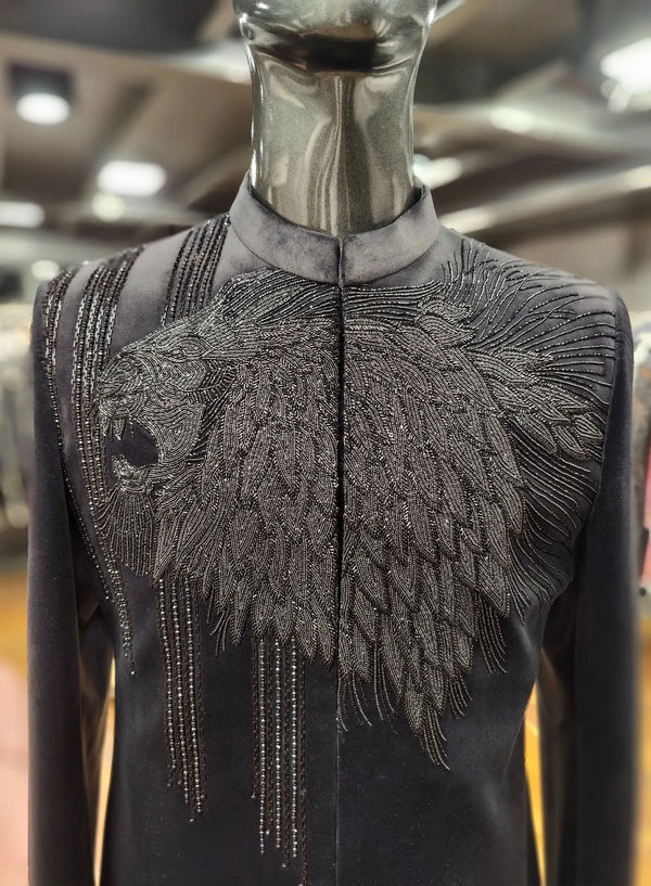 Designer Black Lion Indo Western for Wedding in Toronto, Canada | BharatPlaza