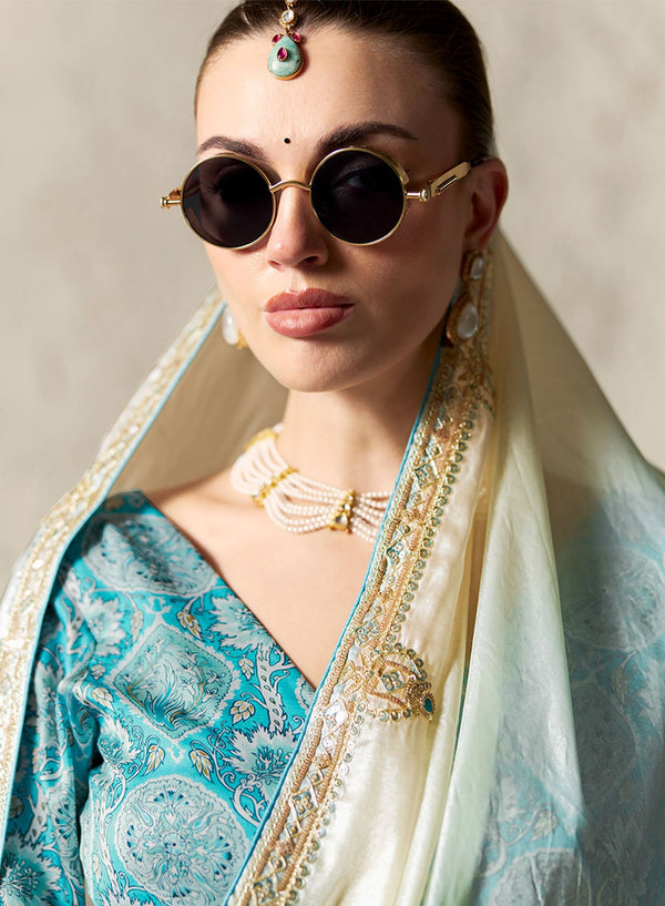 Designer Light Blue Organza Saree with Printed Blouse in Fiji