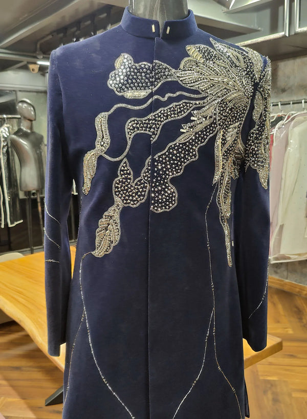 Royal Navy Blue Reception Indo-Western for Modern Groom with Luxury Floral Work in Paris