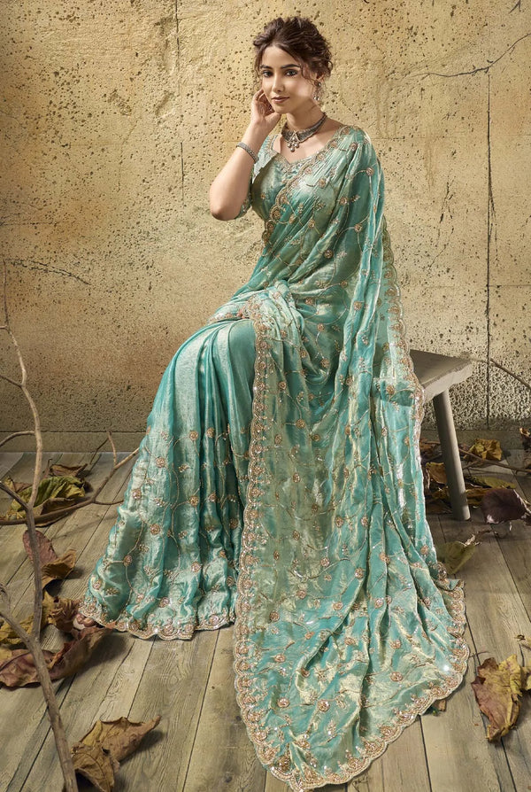 Seafoam Green Velvet Satin Zari Work Partywear Saree
