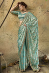 Seafoam Green Velvet Satin Zari Work Partywear Saree