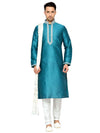 Ferozi Blue Cot Silk Kurta with White Contrast Embroidery