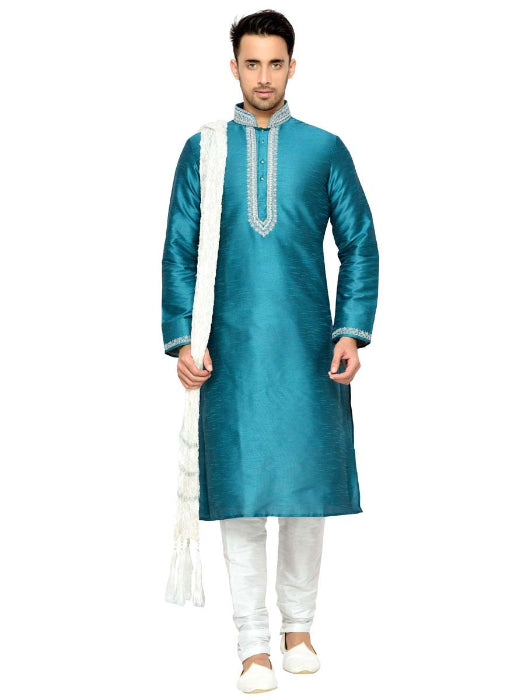 Ferozi Blue Cot Silk Kurta with White Contrast Embroidery