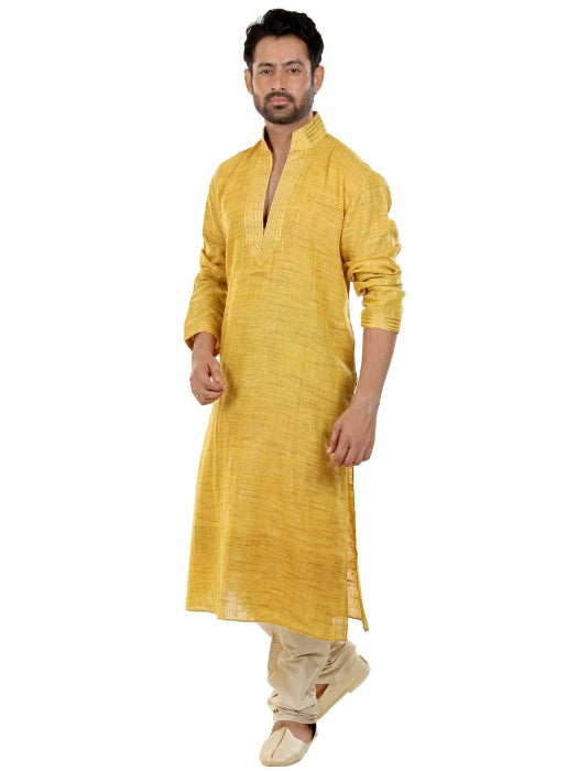 Yellow Cot Silk Casual Kurta with Self Embroidery Lines