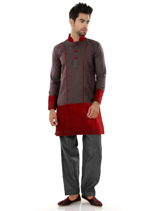Grey & Maroon Polysilk Semi Indo Western Kurta Set