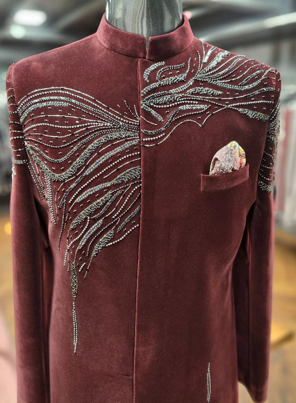 Royal Designer Wine Indo Western for Groom Reception Melbourne Wedding Outfit | BharatPlaza
